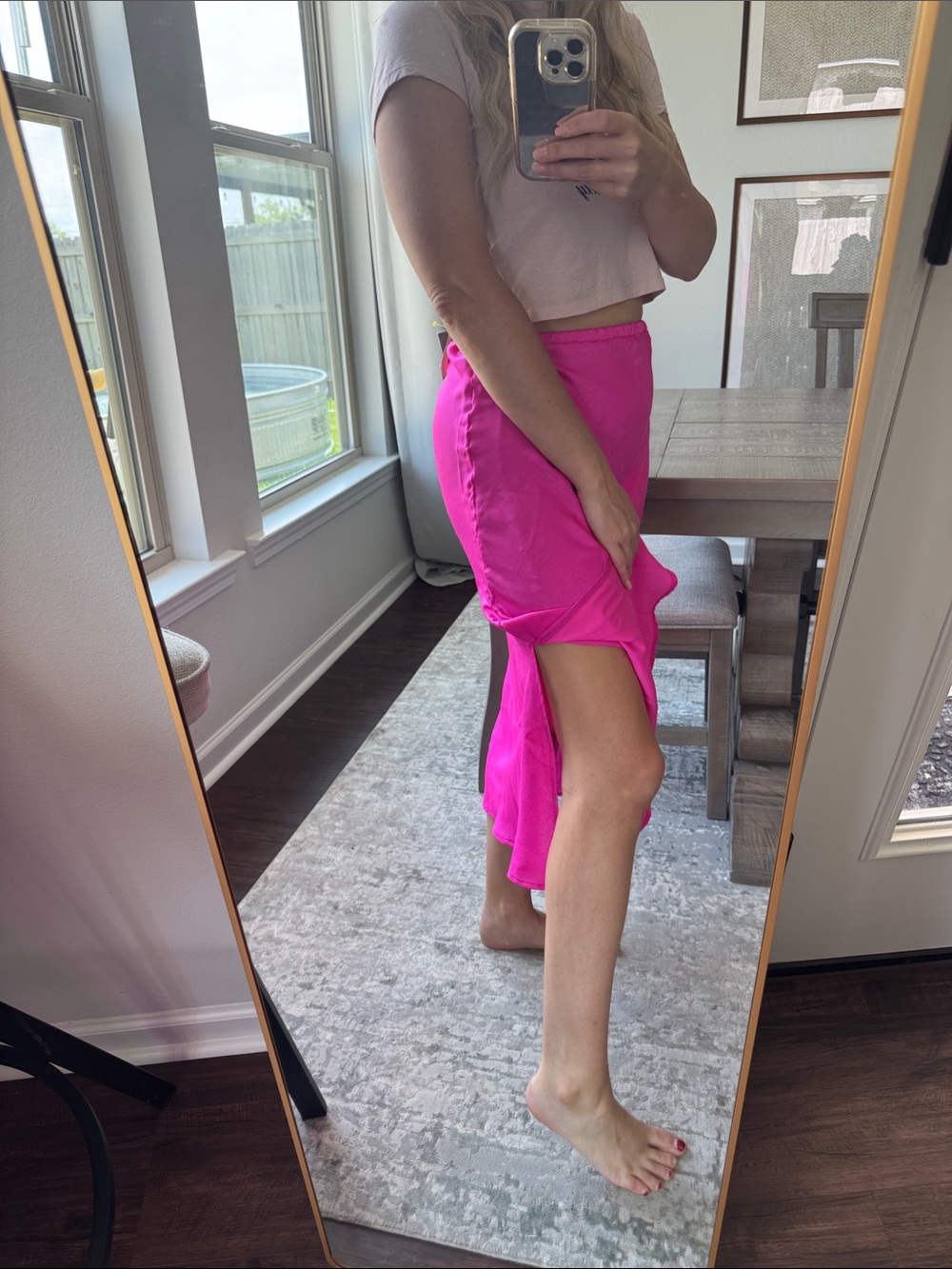 Neon Barbie Hot Pink Women's Satin Midi Slide Slit Skirt - Picture 13 of 16